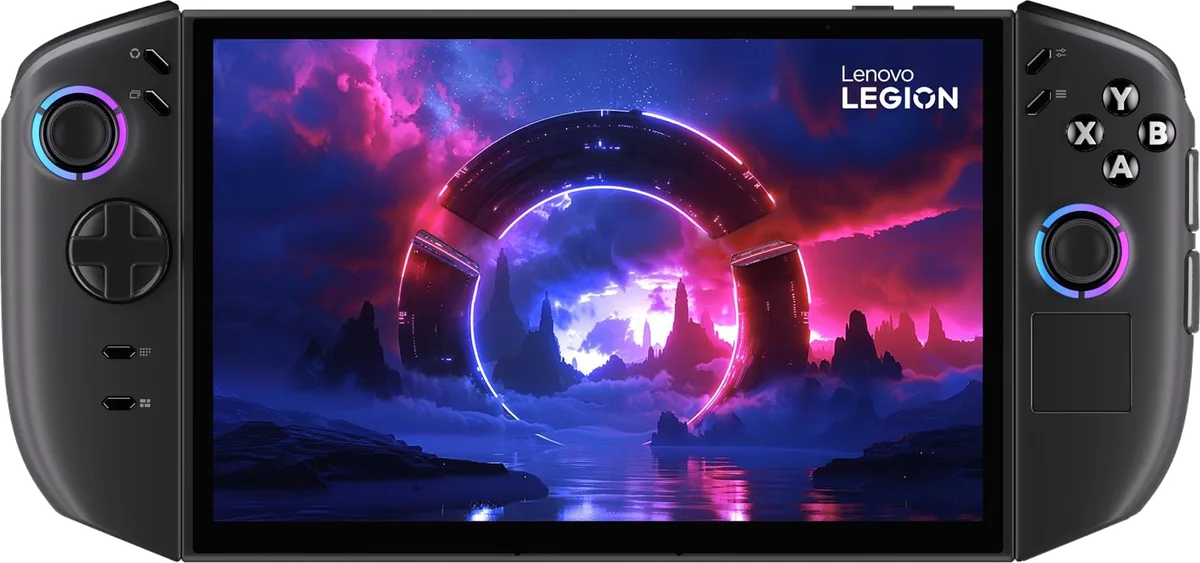 Legion Go 2 front view with both controllers attached and the 8.8-inch OLED screen
