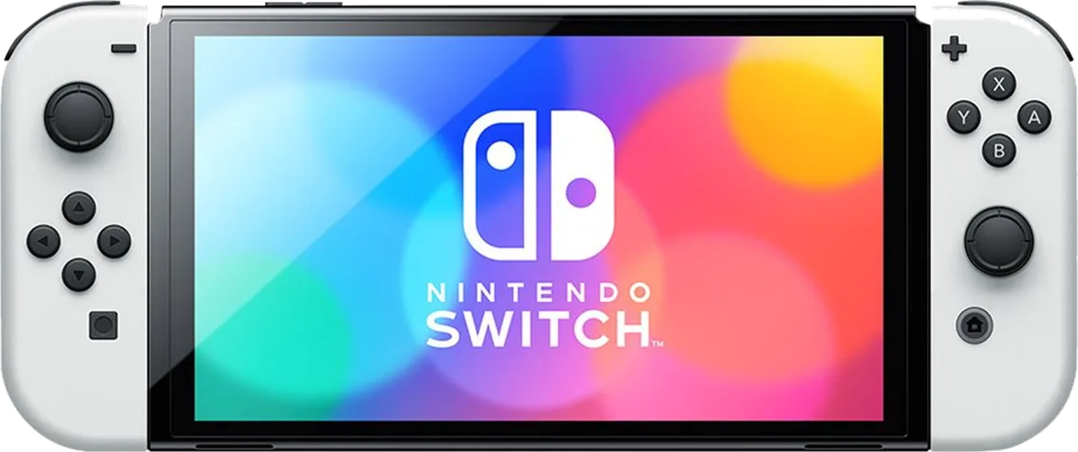 Nintendo Switch OLED Model front view with white Joy-Con attached