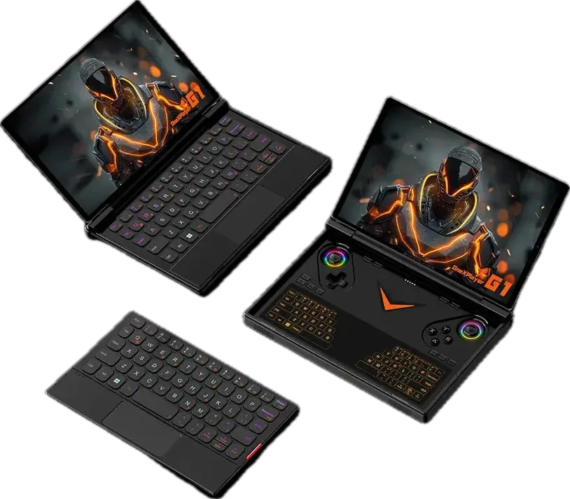 OneXPlayer G1 open in handheld mode and laptop mode with its detachable keyboard