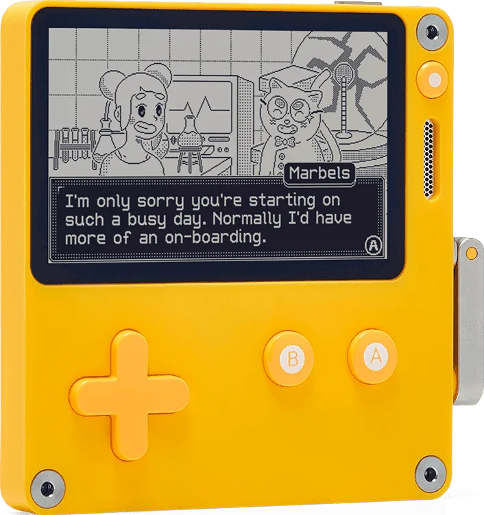 Playdate console in yellow, front view