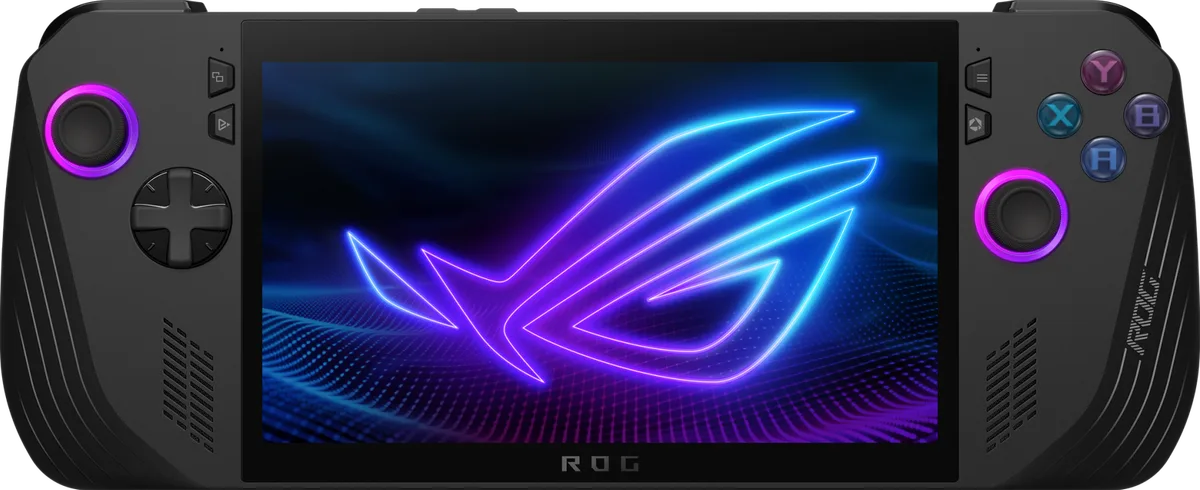 ROG Ally X front view: black shell with a 7-inch screen
