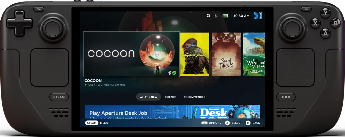 Steam Deck OLED front view with the 7.4-inch screen on